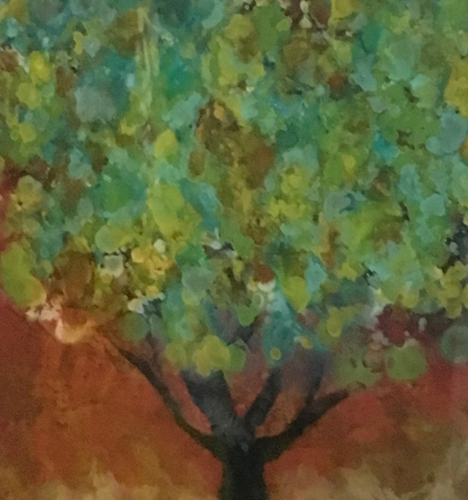 Organya, Mixed Media, Tree, Green, Yellow, Brown, Nature, Blooming, Small, Spain - Contemporary Painting by Marie Danielle Leblanc