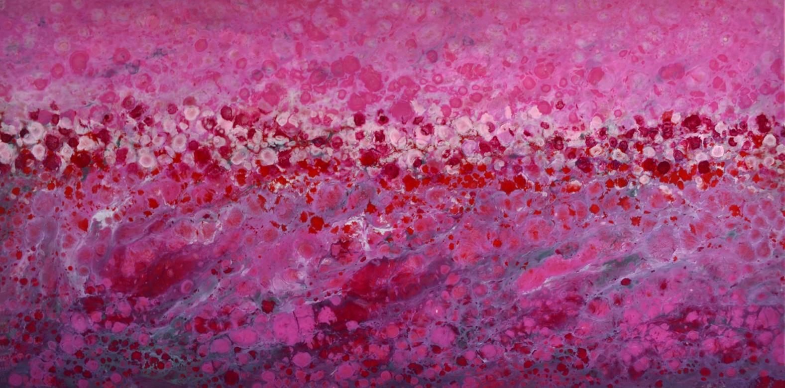 Riviere Aux Cerises, 30x60,  Paisaje abstracto, Alto brillo, Magenta, Rosa - Painting de Marie Danielle Leblanc