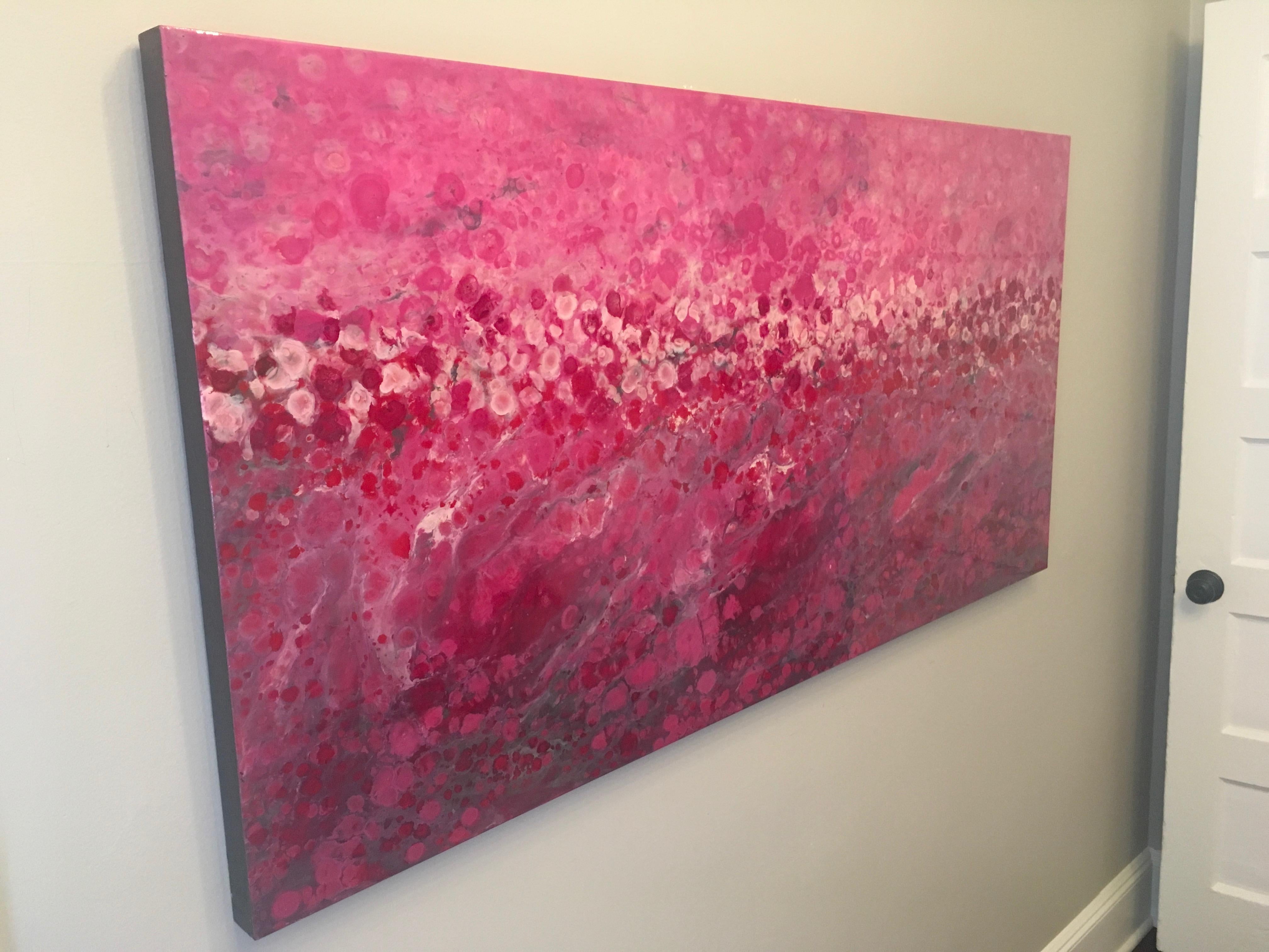 Riviere Aux Cerises, 30x60,  Paisaje abstracto, Alto brillo, Magenta, Rosa - Painting Contemporáneo de Marie Danielle Leblanc