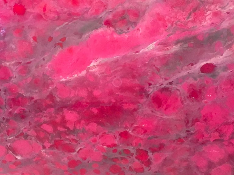 Riviere Aux Cerises, large 30x60 abstracted landscape, Hi-gloss, pink, white - Brown Landscape Painting by Marie Danielle Leblanc