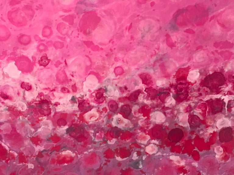 Riviere Aux Cerises by Marie Danielle Leblanc, Mixed Media on Wood Panel, hi-gloss varnish, 30x60.  It is a brightly colored, pink, abstracted landscape.

Canadian artist, Marie Danielle Leblanc, was born in Trois-Rivières (Quebec) and has lived and