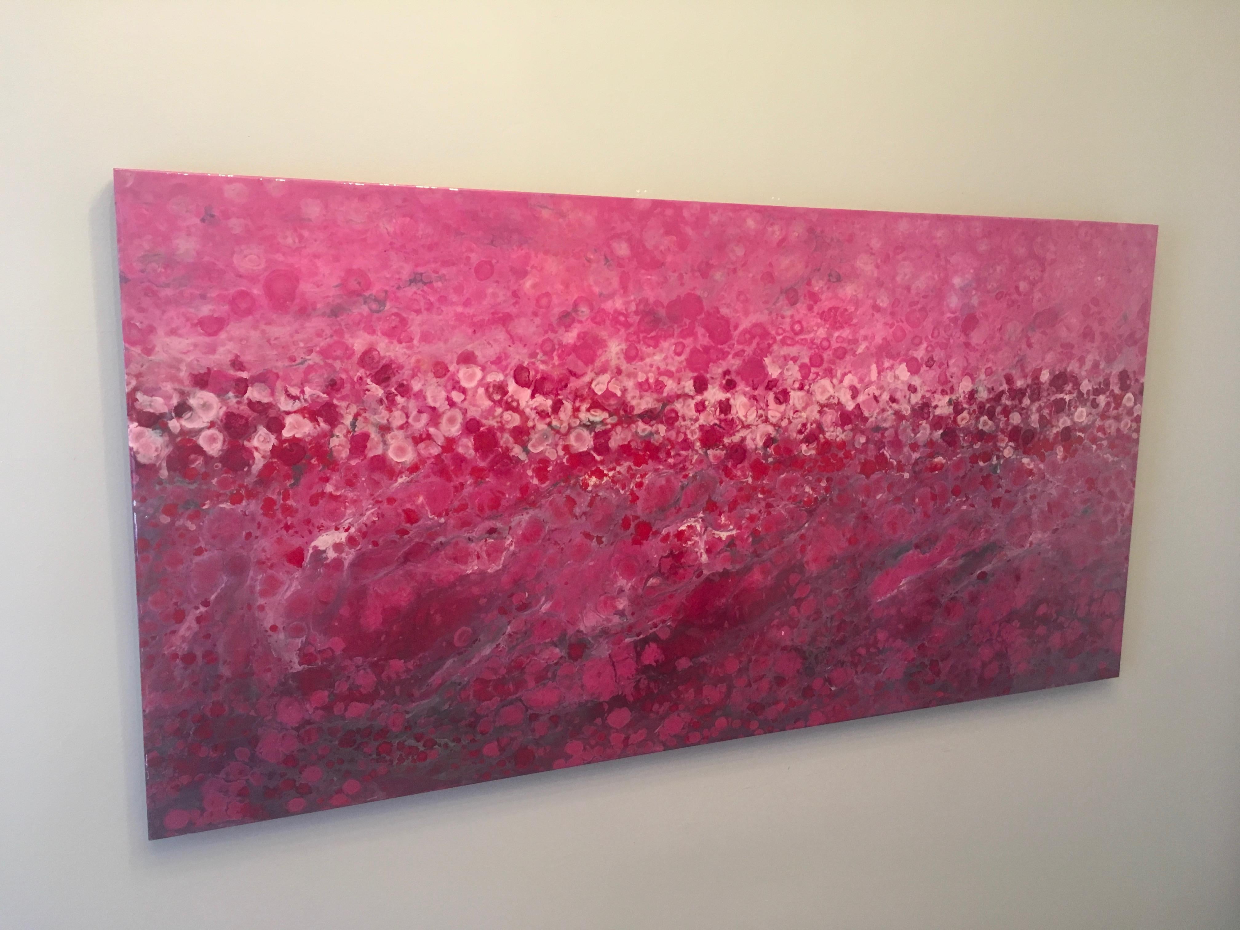 Riviere Aux Cerises, large 30x60 abstracted landscape, Hi-gloss, Viva Magenta - Contemporary Painting by Marie Danielle Leblanc