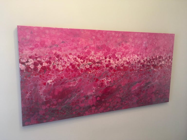 Marie Danielle Leblanc Landscape Painting - Riviere Aux Cerises, large 30x60 abstracted landscape, Hi-gloss, pink, white