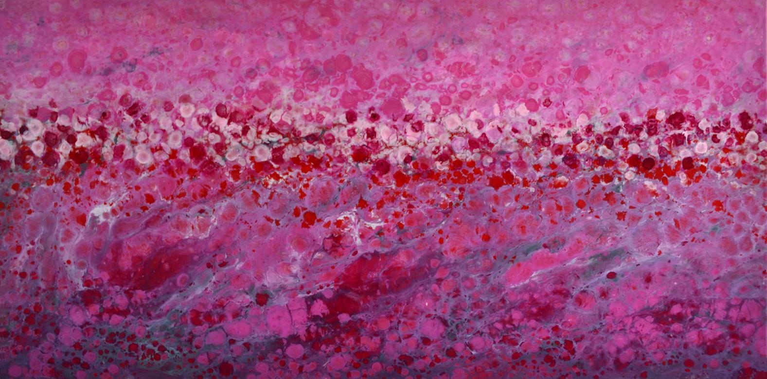 Riviere Aux Cerises, large 30x60 abstracted landscape, Hi-gloss, Viva Magenta - Painting by Marie Danielle Leblanc
