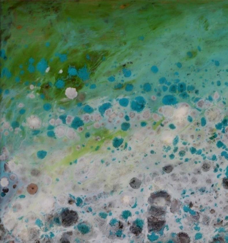 Spiez, abstract landscape, water, painting, blue, white, green, hi-gloss - Painting by Marie Danielle Leblanc