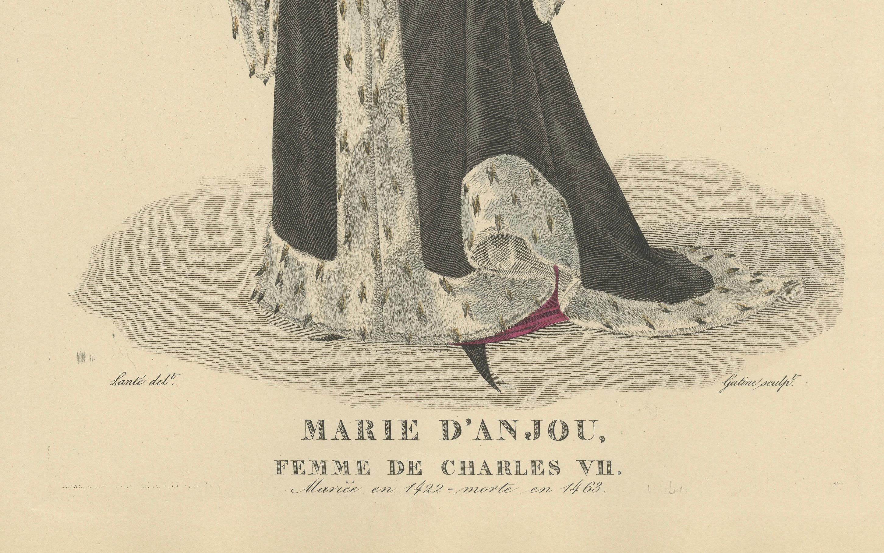 Handkoloriertes Porträt von Marie d'Anjou, Königin von Frankreich, ca. 1900 (nach 1827)

Handkolorierter Stich von Marie d'Anjou (1404-1463), Königin von Frankreich als Gemahlin von König Karl VII, veröffentlicht um 1900 nach der Originalplatte von