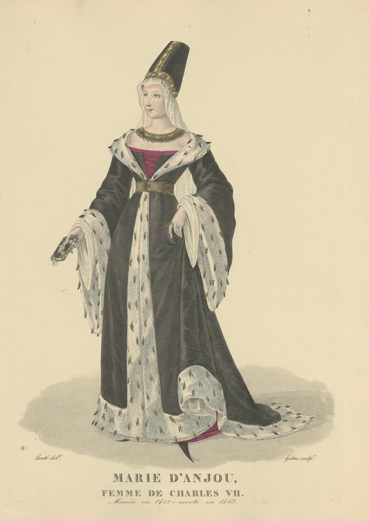 Marie d'Anjou, Königin von Frankreich - handkolorierter historischer Porträtdruck, 1900 im Zustand „Gut“ im Angebot in Langweer, NL