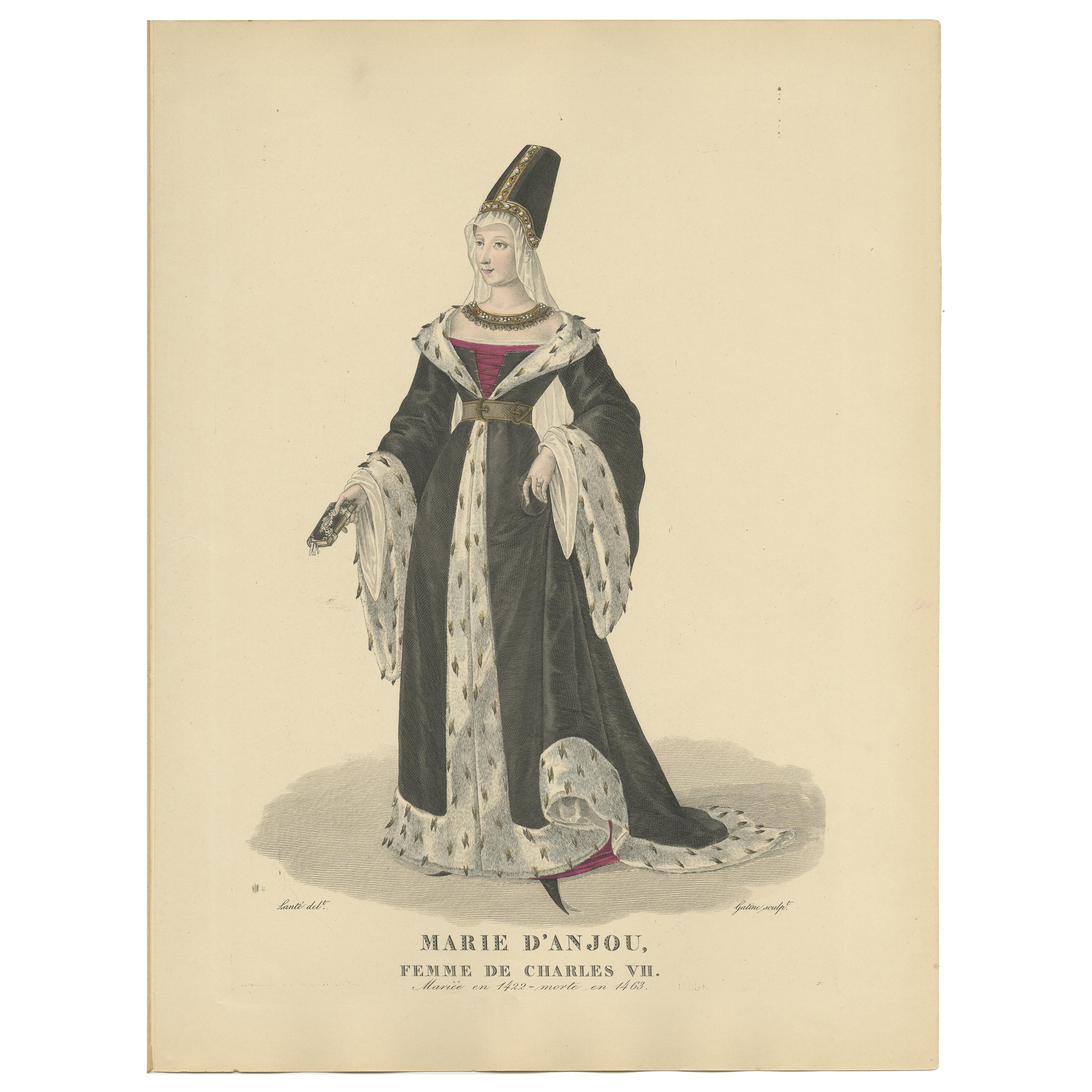 Marie d'Anjou, Königin von Frankreich - handkolorierter historischer Porträtdruck, 1900