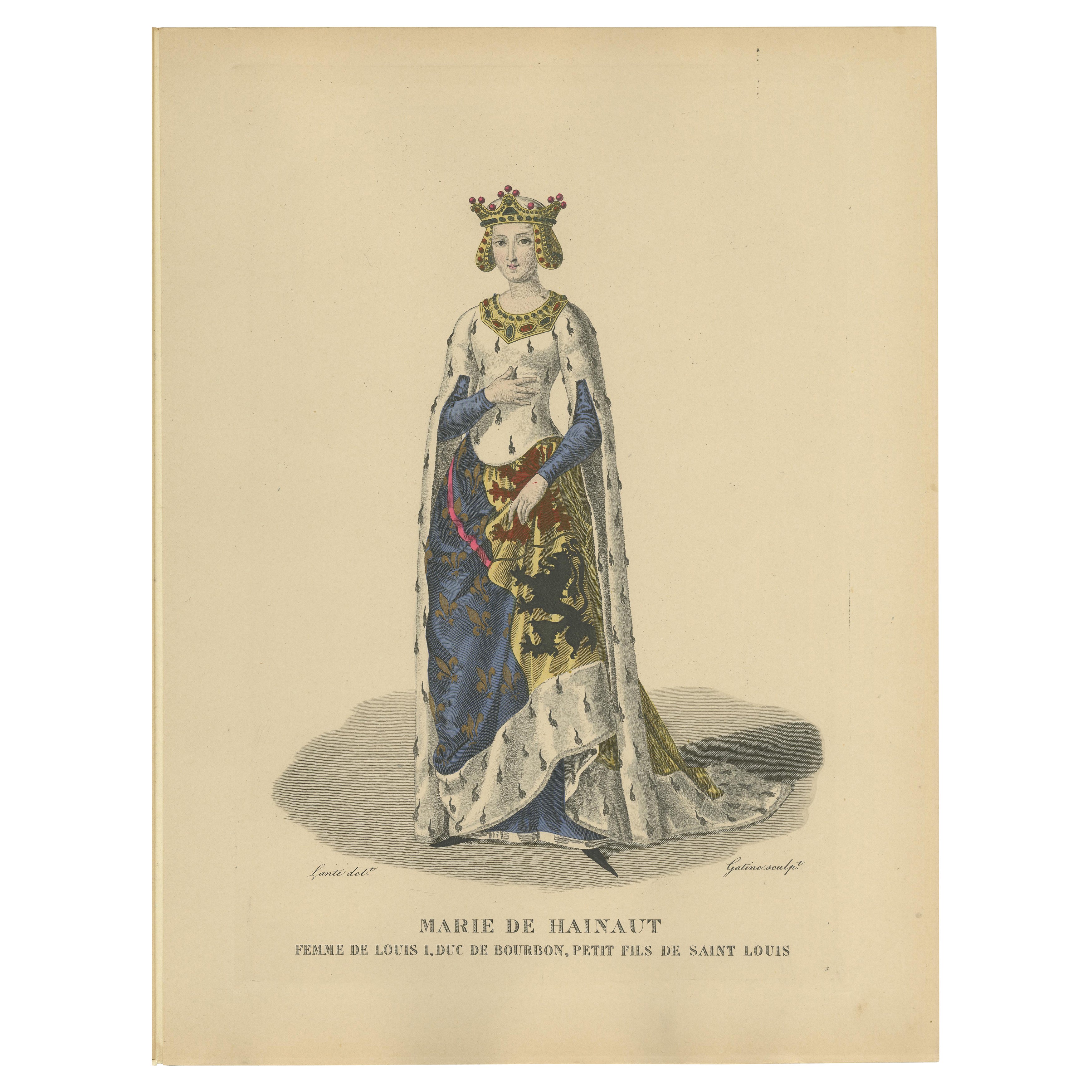 Marie de Hainaut, Duchesse de Bourbon - Handkolorierter Kupferstich, um 1900
