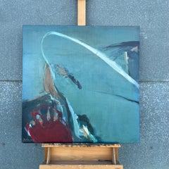 French 20th Century Abstract Expressionism Green Curved Motion with Red Accent