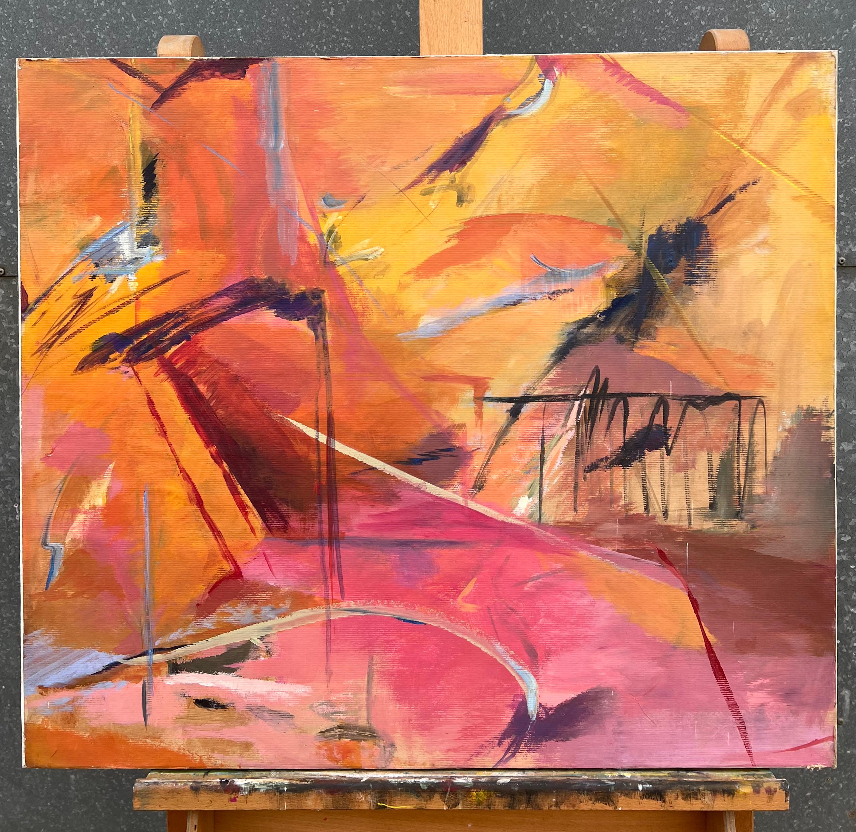 Pintura francesa del expresionismo abstracto del siglo XX con atrevidos colores rosa y naranja - Painting de Marie Deloume (French born 1942)