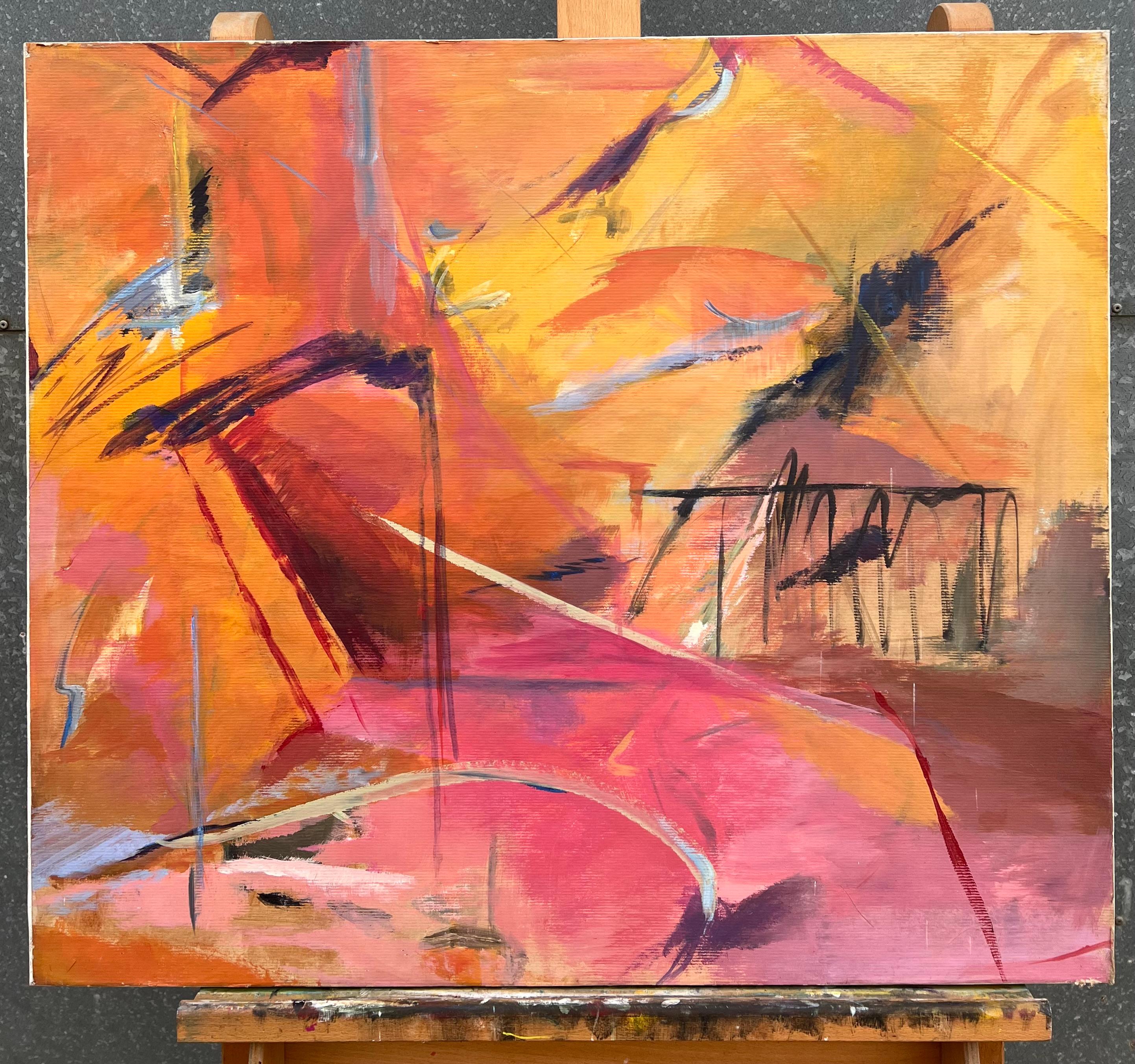 Pintura francesa del expresionismo abstracto del siglo XX con atrevidos colores rosa y naranja - Painting Expresionismo abstracto de Marie Deloume (French born 1942)