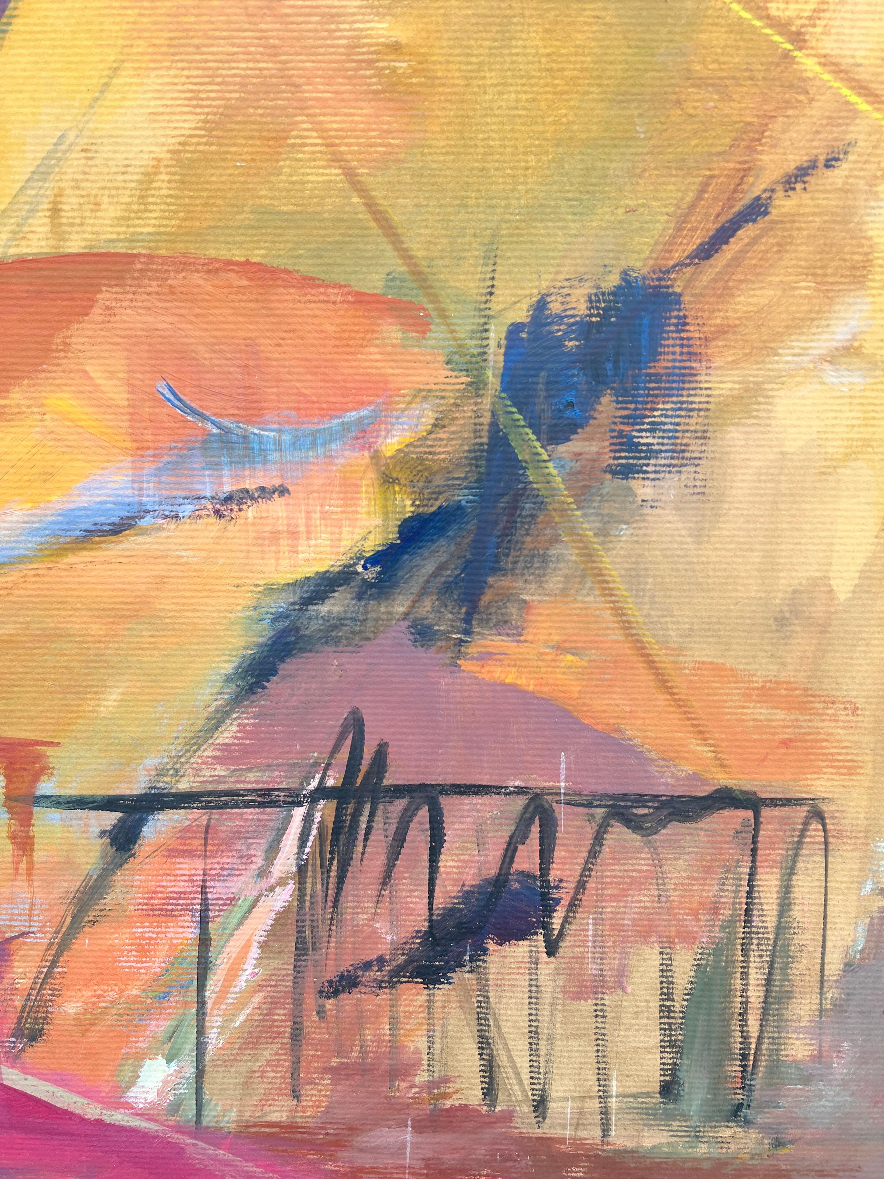 Pintura francesa del expresionismo abstracto del siglo XX con atrevidos colores rosa y naranja - Landscape Painting Naranja de Marie Deloume (French born 1942)