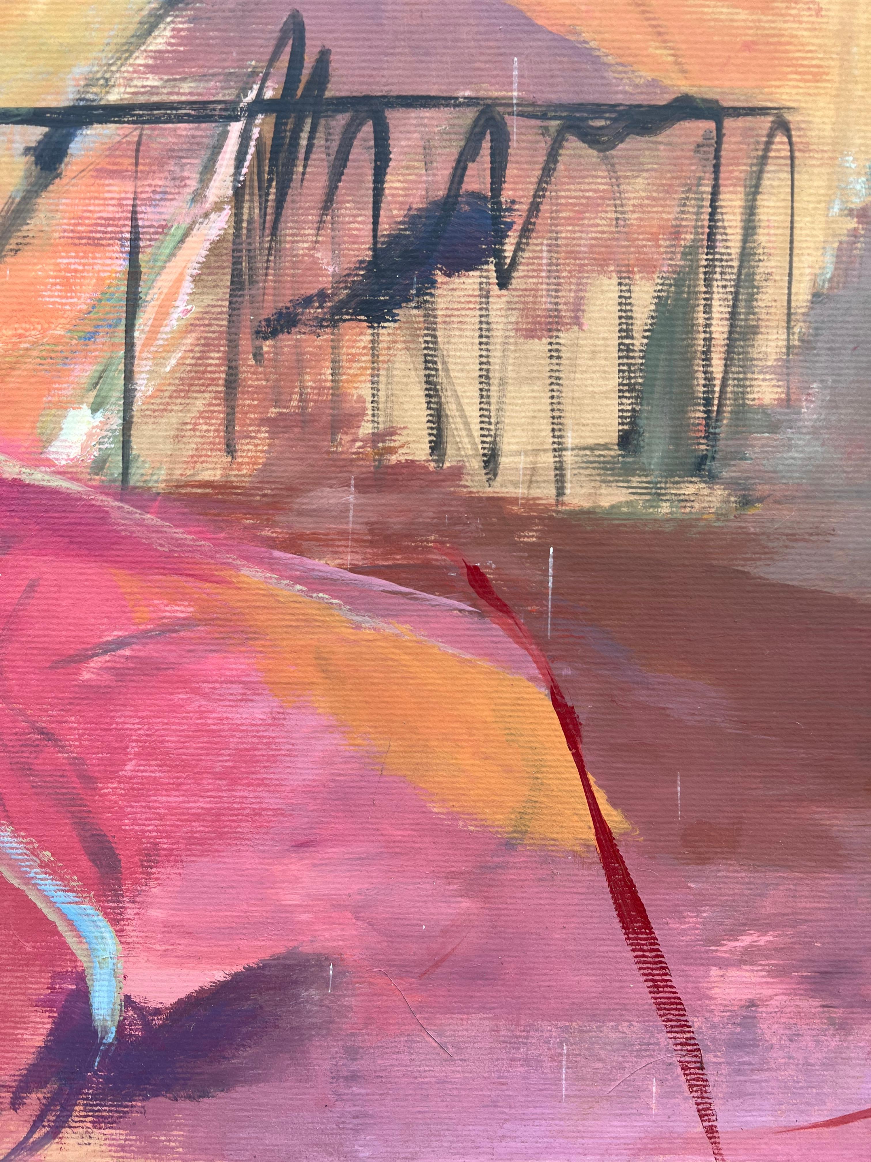 Pintura francesa del expresionismo abstracto del siglo XX con atrevidos colores rosa y naranja en venta 3