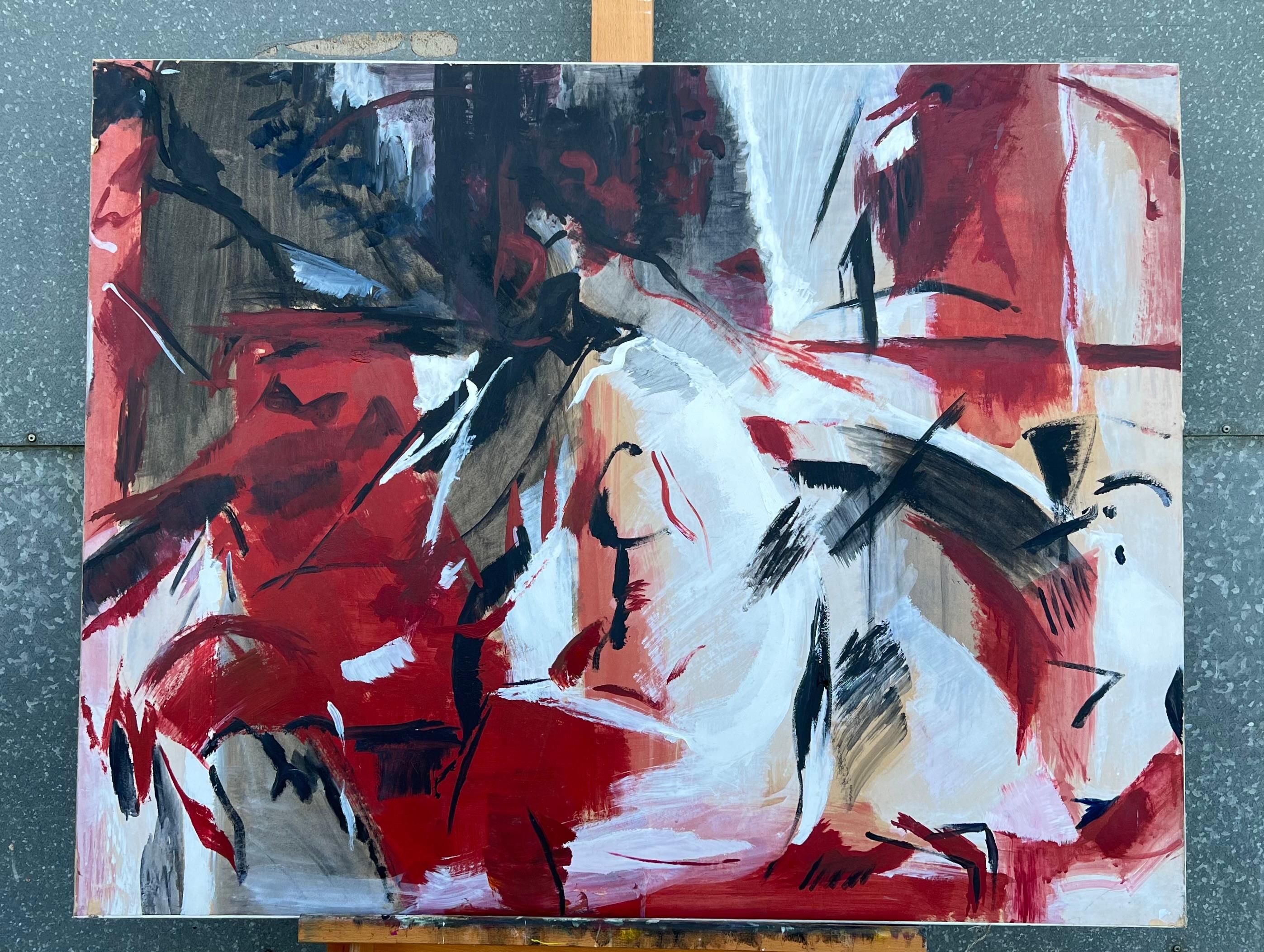 Großes französisches Schwarz-Rotes-Weiß-Gemälde des 20. Jahrhunderts, kühne abstrakte Expression – Painting von Marie Deloume (French born 1942)