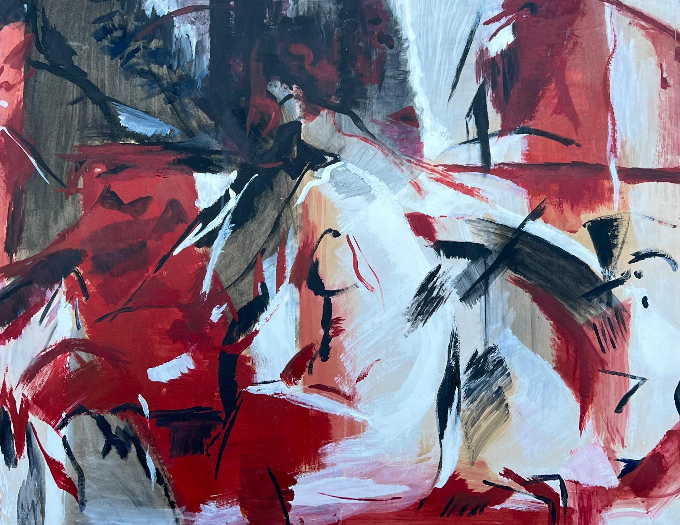 Großes französisches Schwarz-Rotes-Weiß-Gemälde des 20. Jahrhunderts, kühne abstrakte Expression (Braun), Landscape Painting, von Marie Deloume (French born 1942)