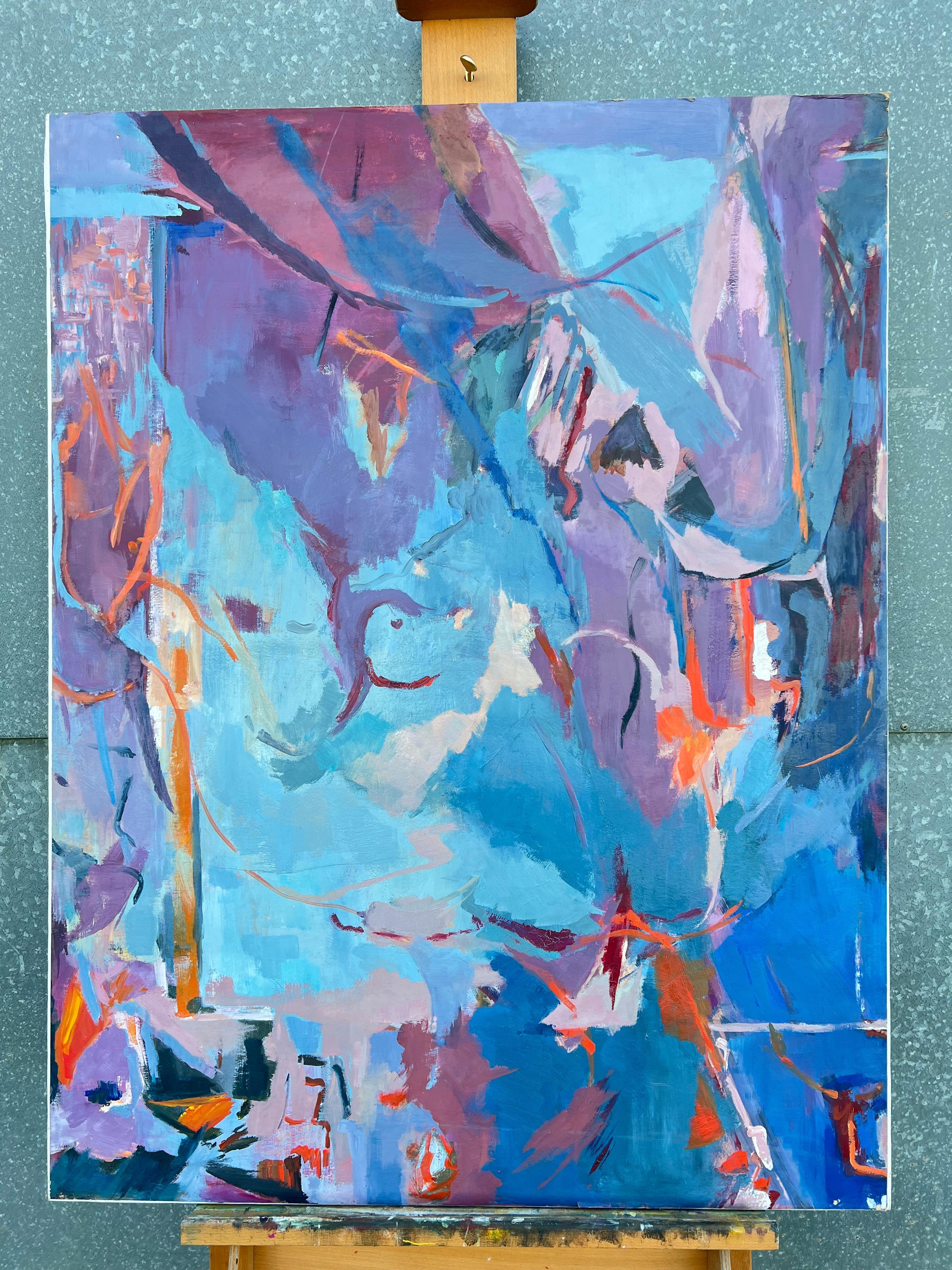 Enorme dipinto espressionista astratto francese del XX secolo di colore blu e viola - Painting di Marie Deloume (French born 1942)