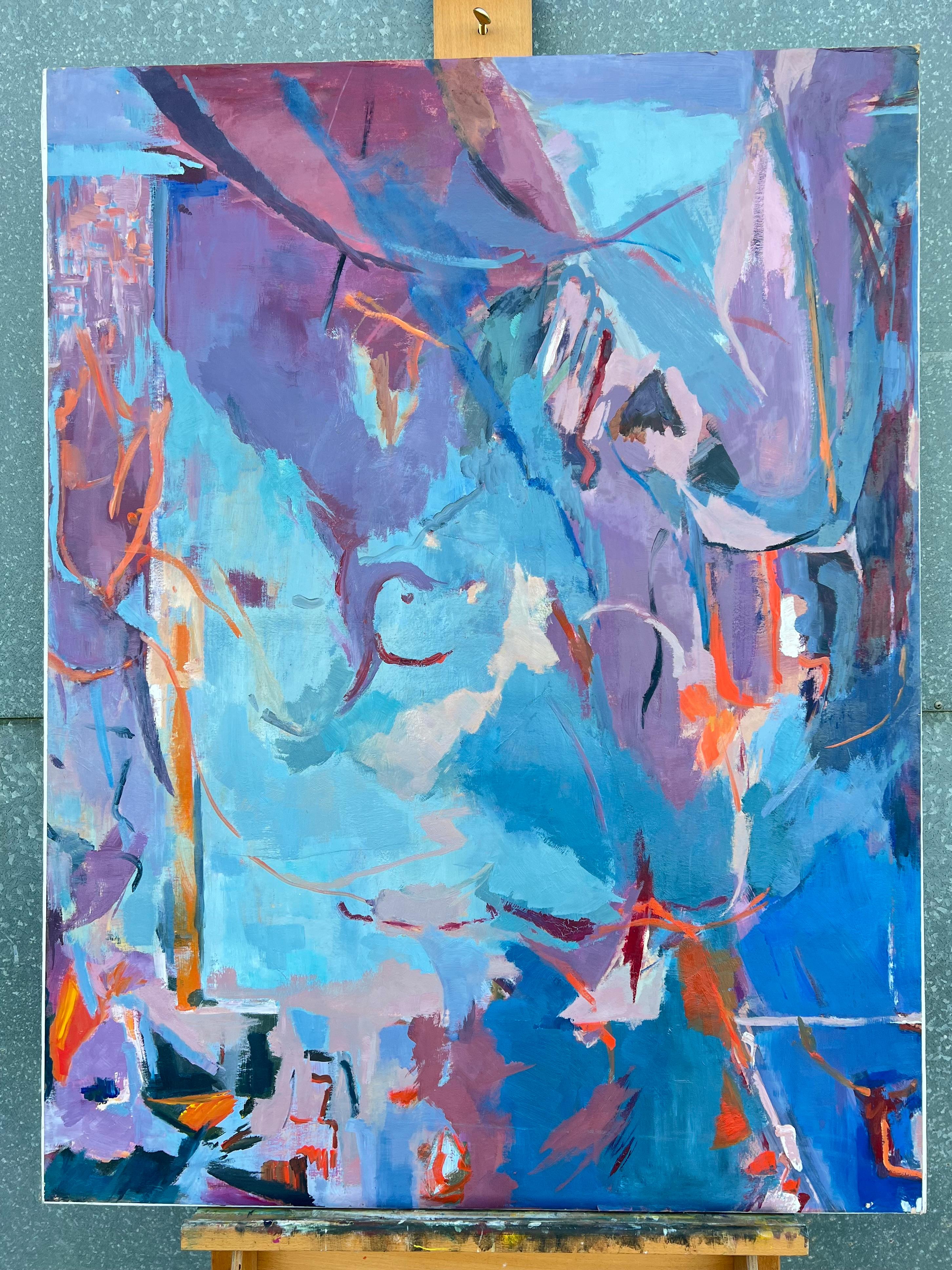 Enorme dipinto espressionista astratto francese del XX secolo di colore blu e viola - Painting Espressionismo astratto di Marie Deloume (French born 1942)