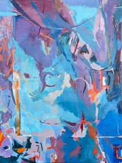 Énorme peinture expressionniste abstraite bleue et violette du 20e siècle