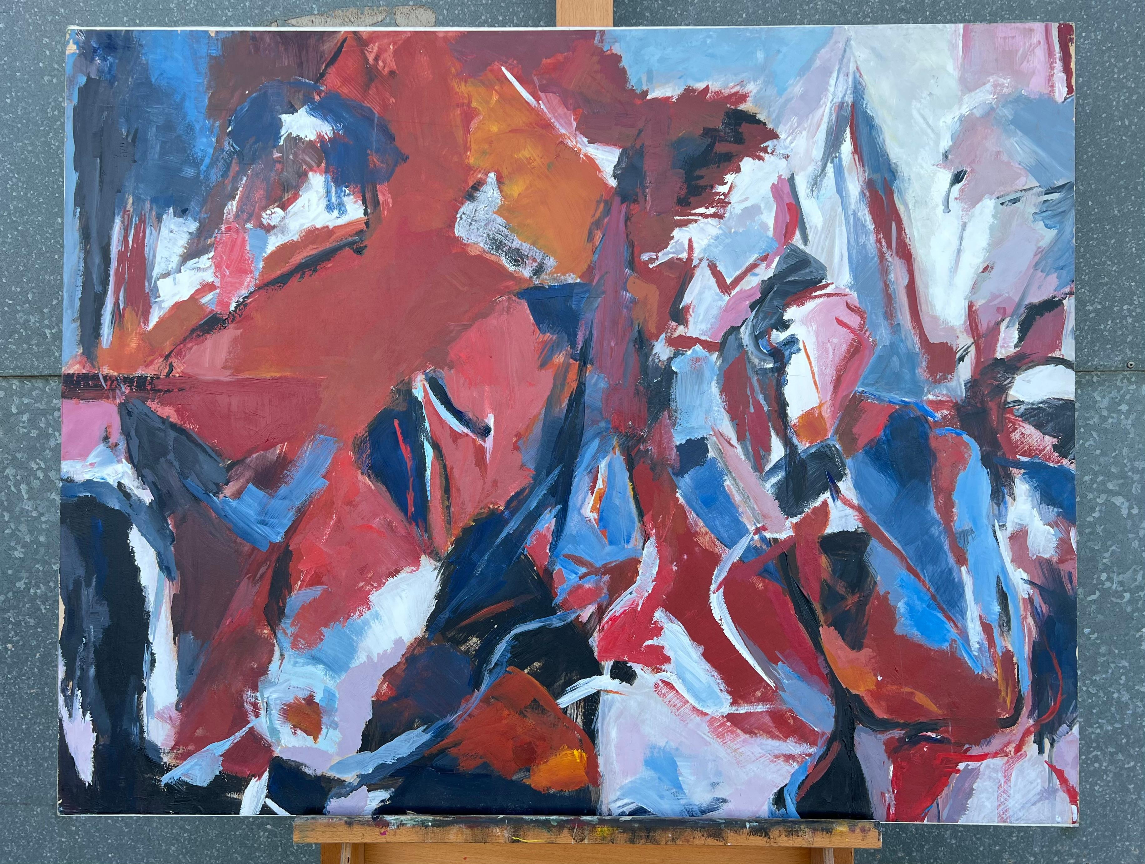 Enorme Expresión Abstracta Francés Siglo XX Azul Marino Rojo Blanco Negrita - Painting de Marie Deloume (French born 1942)