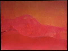Enorme dipinto a olio espressionista astratto in stile "color field" nei toni del rosa, del rosso e dell'arancione