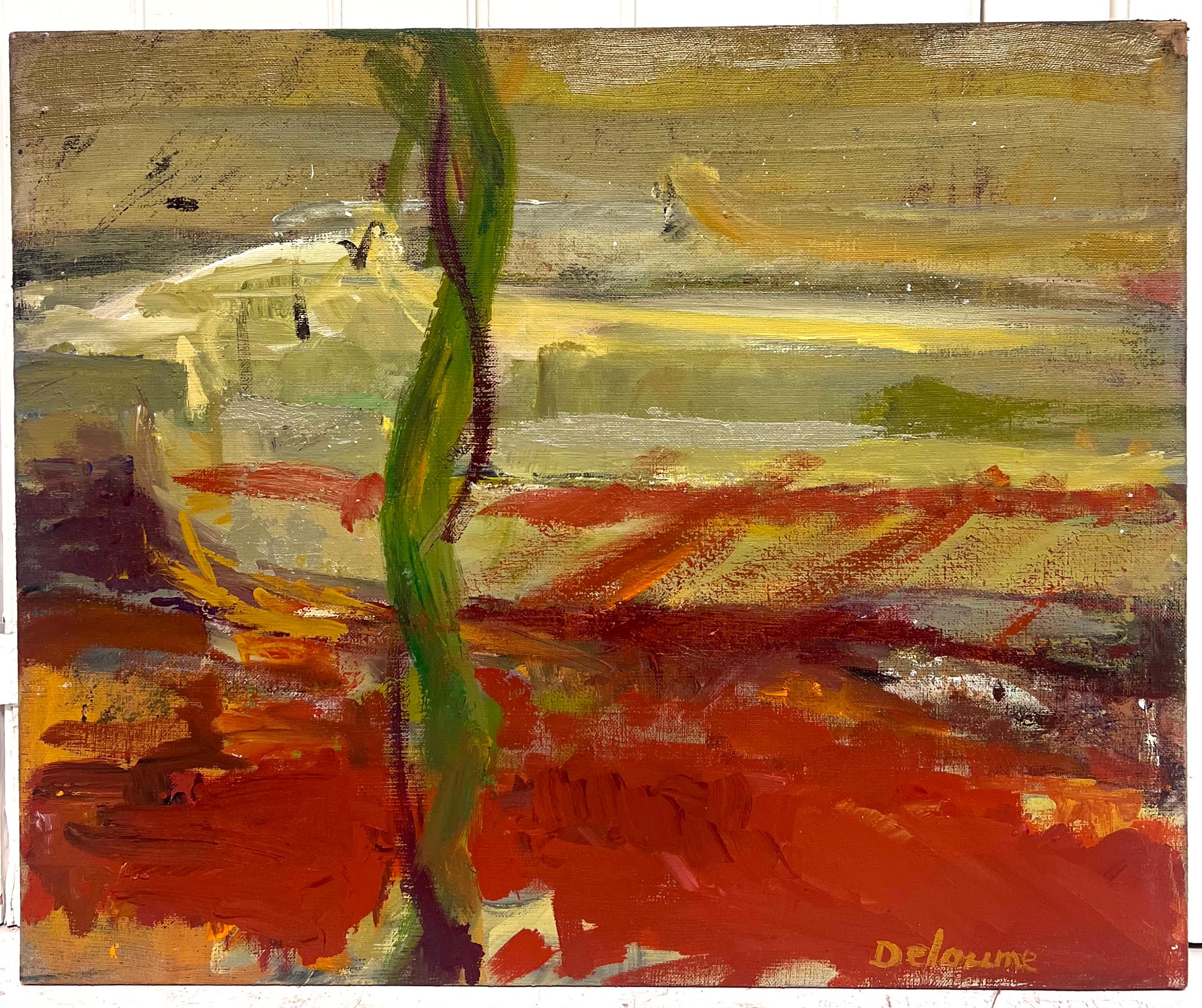 Grande peinture d'expression abstraite française du 20e siècle aux couleurs rouge vif - Painting de Marie Deloume (French born 1942)