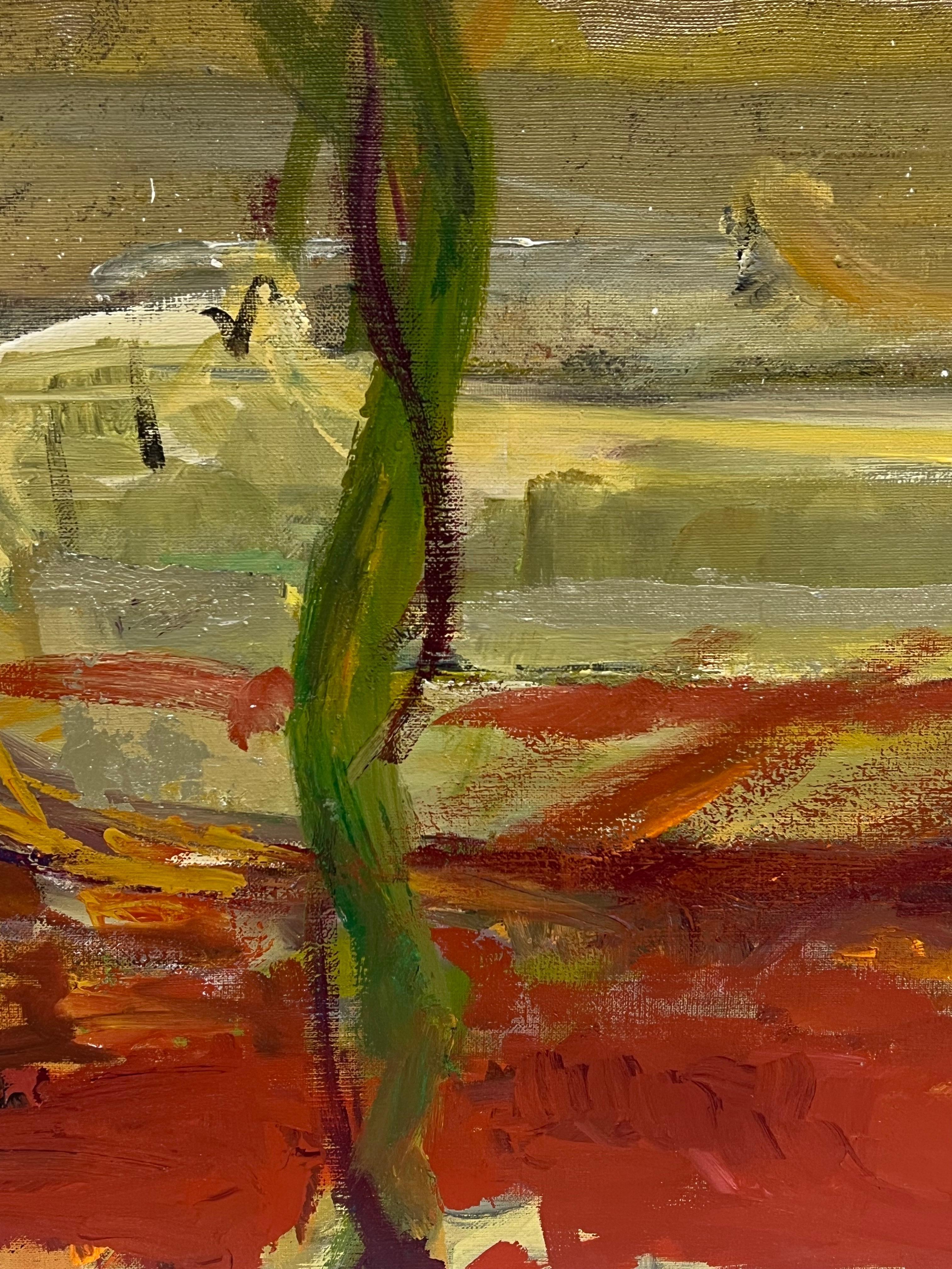 Grande peinture d'expression abstraite française du 20e siècle aux couleurs rouge vif - Marron Abstract Painting par Marie Deloume (French born 1942)