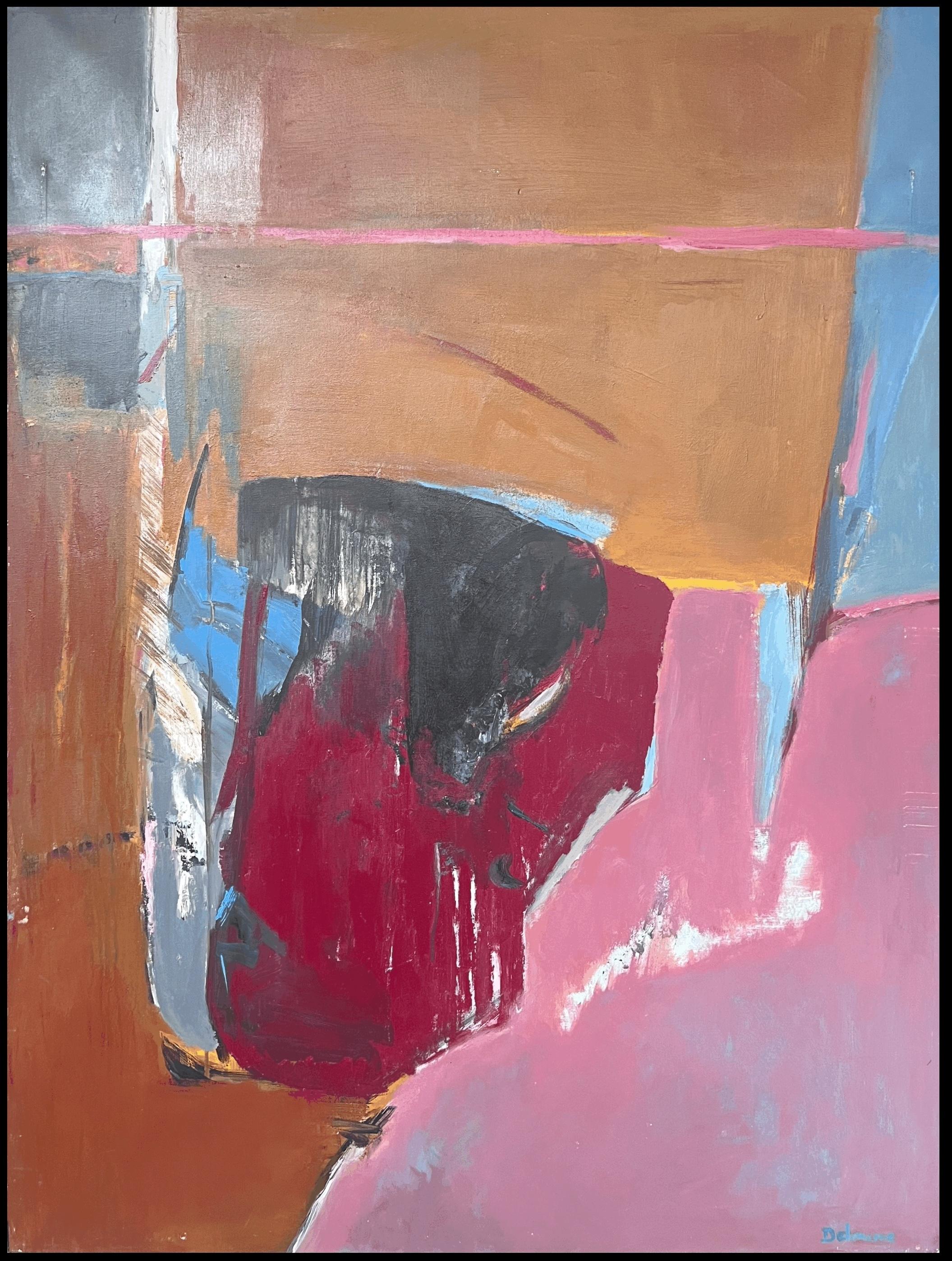 Grande pittura ad olio espressionista astratta del XX secolo, arancione e rosa - Painting di Marie Deloume (French born 1942)