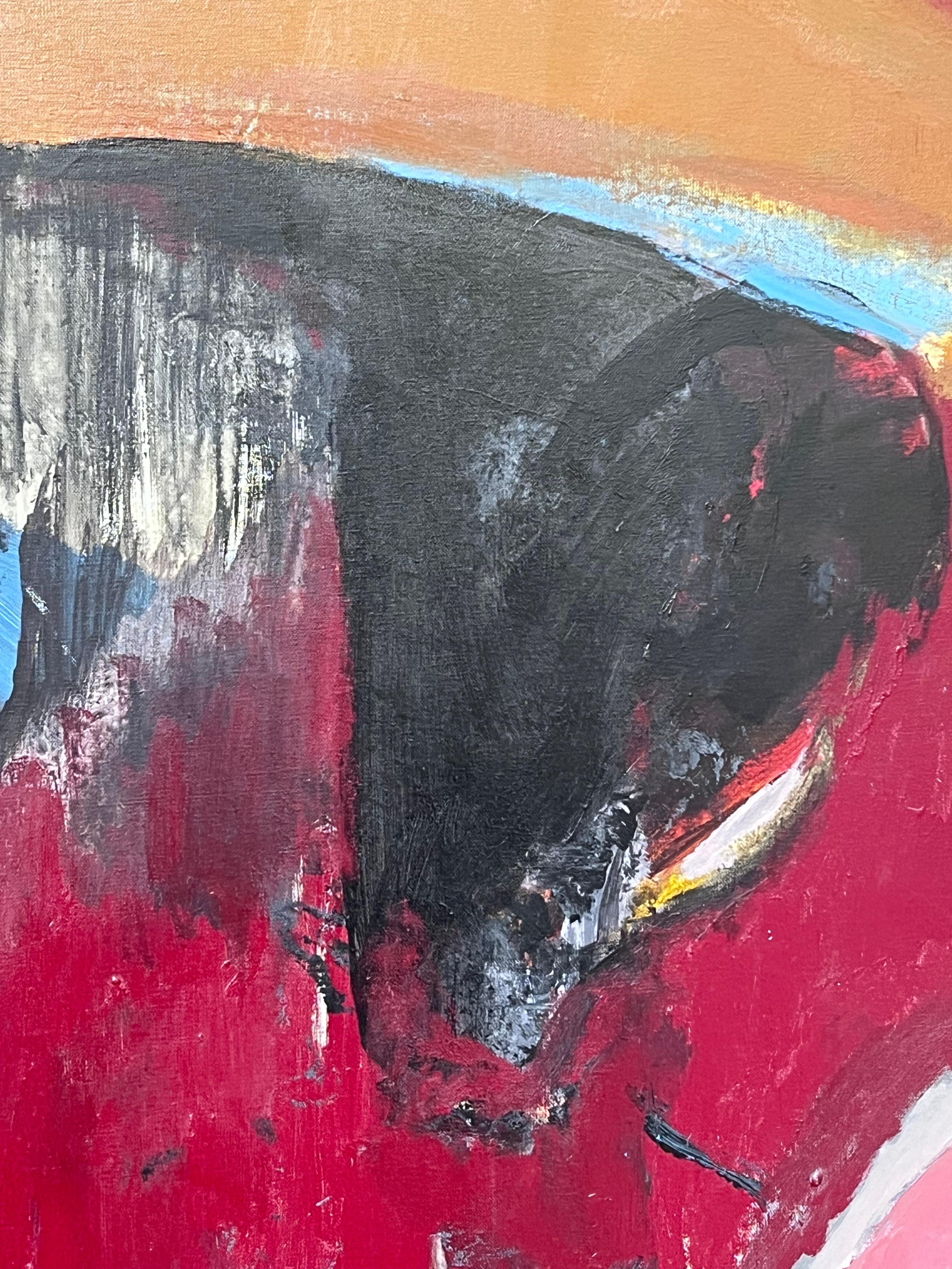 Grande pittura ad olio espressionista astratta del XX secolo, arancione e rosa - Painting Espressionismo astratto di Marie Deloume (French born 1942)