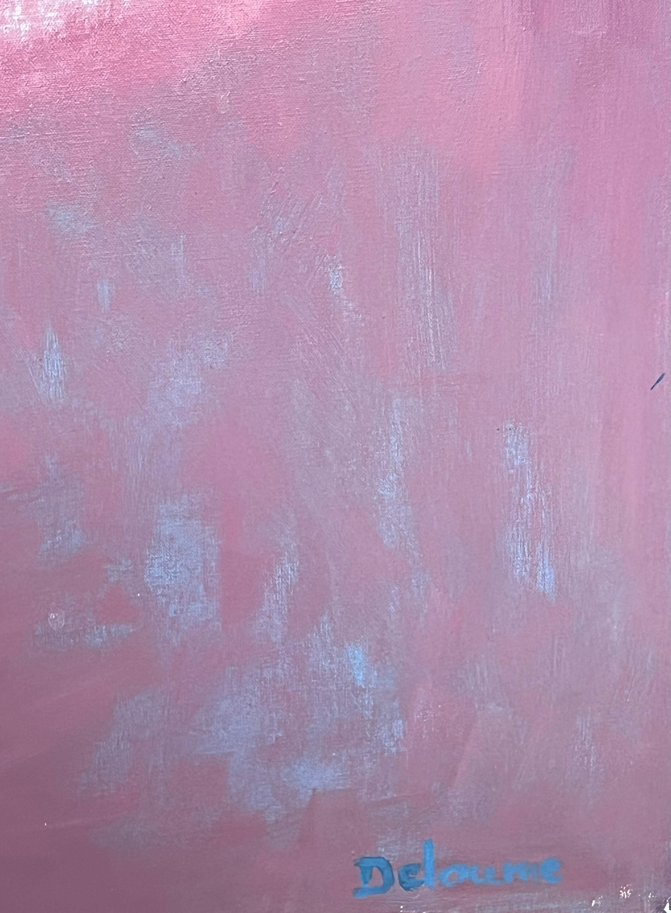 Grande pittura ad olio espressionista astratta del XX secolo, arancione e rosa - Abstract Painting Marrone di Marie Deloume (French born 1942)