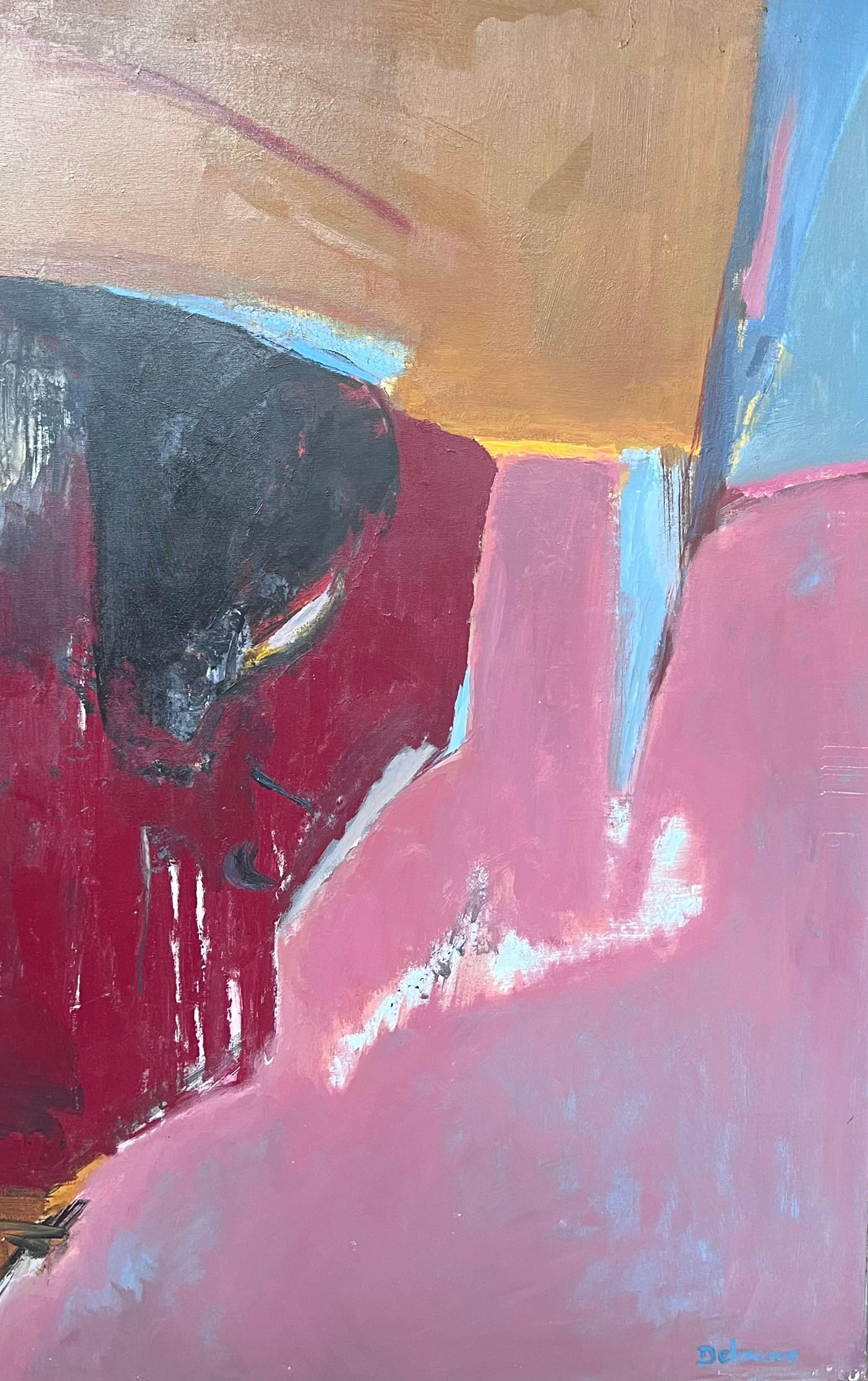 Grande pittura ad olio espressionista astratta del XX secolo, arancione e rosa in vendita 3