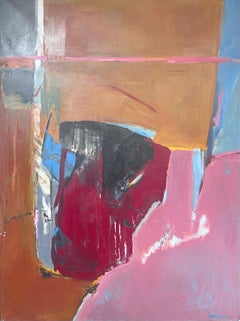 Gran óleo expresionista abstracto francés del siglo XX Naranja y rosa