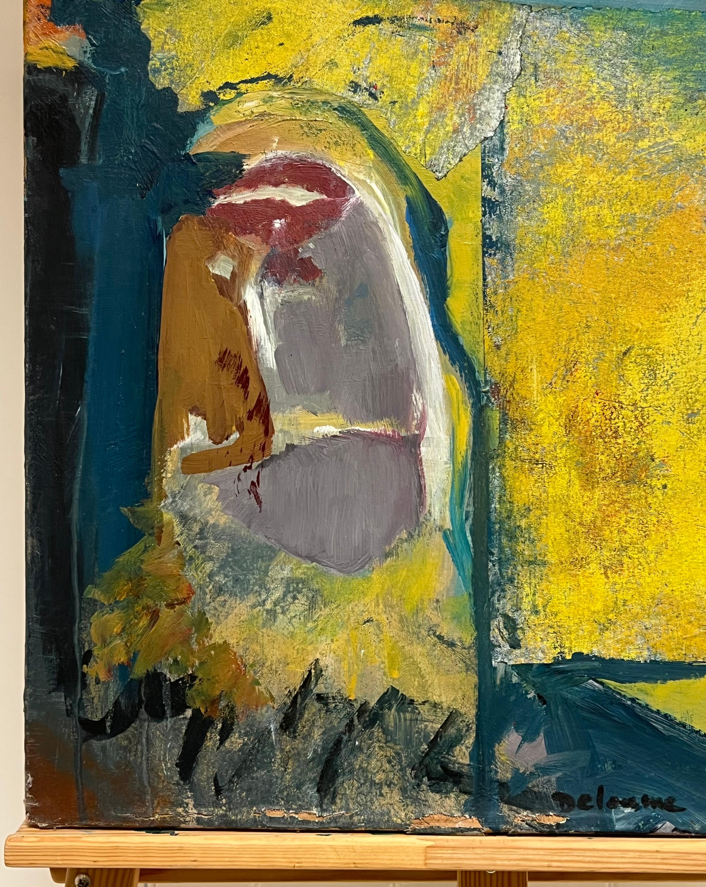 Gran óleo expresionista abstracto francés del siglo XX Amarillo Azul - Painting de Marie Deloume (French born 1942)