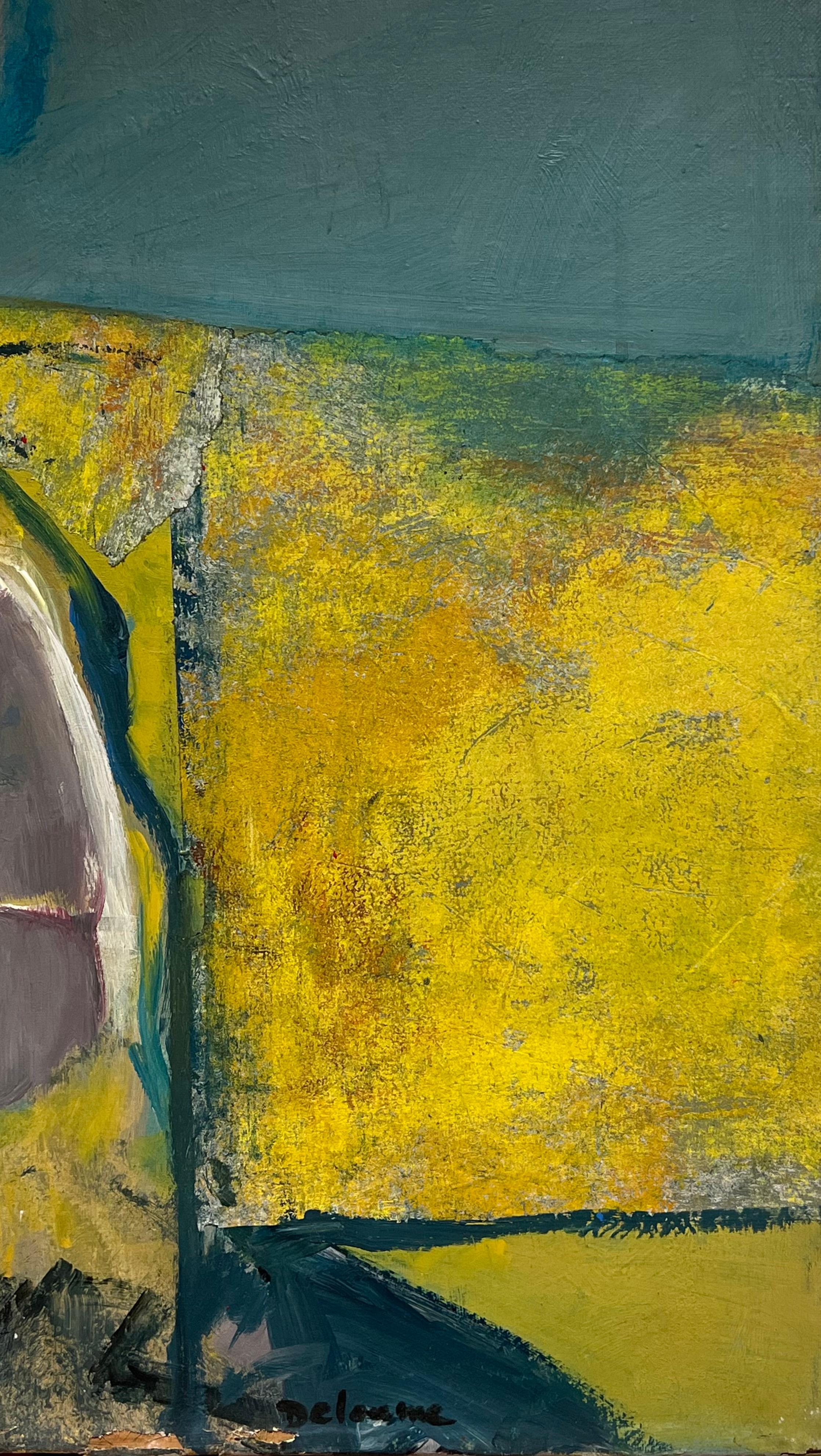 Gran óleo expresionista abstracto francés del siglo XX Amarillo Azul - Painting Expresionismo abstracto de Marie Deloume (French born 1942)