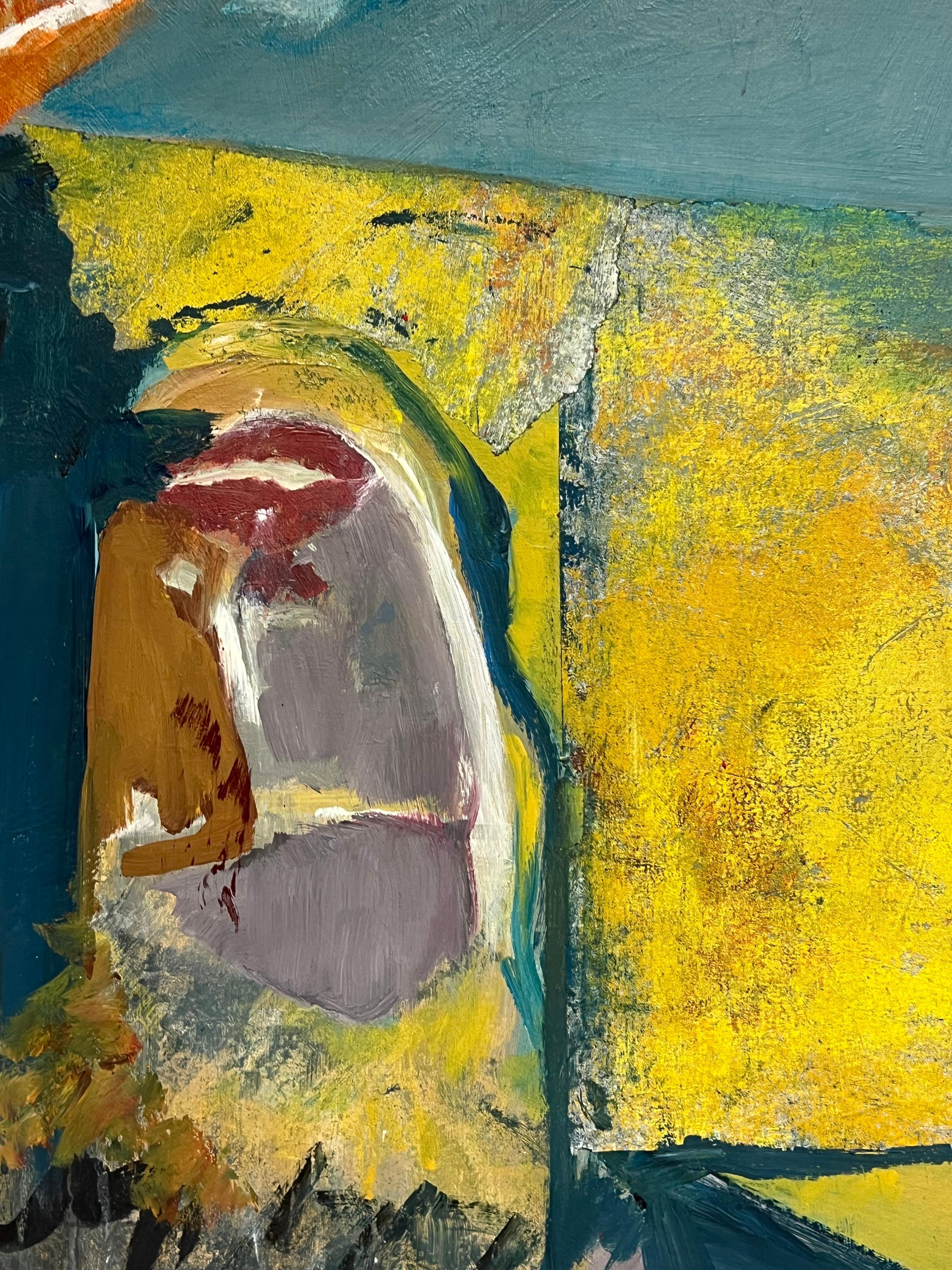 Gran óleo expresionista abstracto francés del siglo XX Amarillo Azul - Abstract Painting Gris de Marie Deloume (French born 1942)