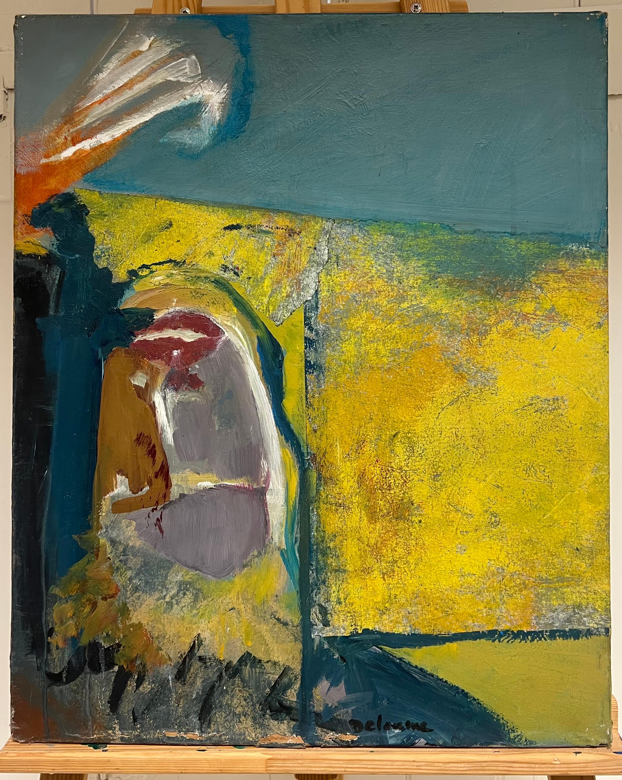 Gran óleo expresionista abstracto francés del siglo XX Amarillo Azul en venta 1