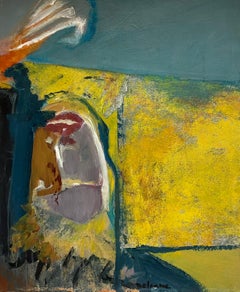 Grande peinture à l'huile expressionniste abstraite française du 20e siècle, jaune et bleu