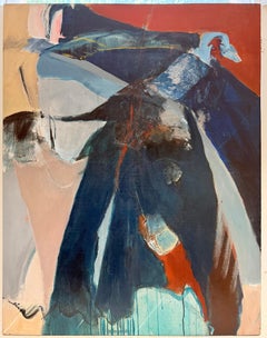 Large French Abstract Expressionist Oil Painting Blue Black Red Gestural Composi