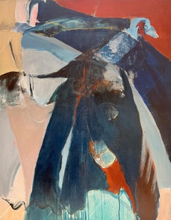 Large French Abstract Expressionist Oil Painting Blue Black Red Gestural Composi
