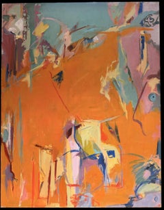 Large French Abstract Expressionist Oil Painting Bright Orange and Pastel Colour