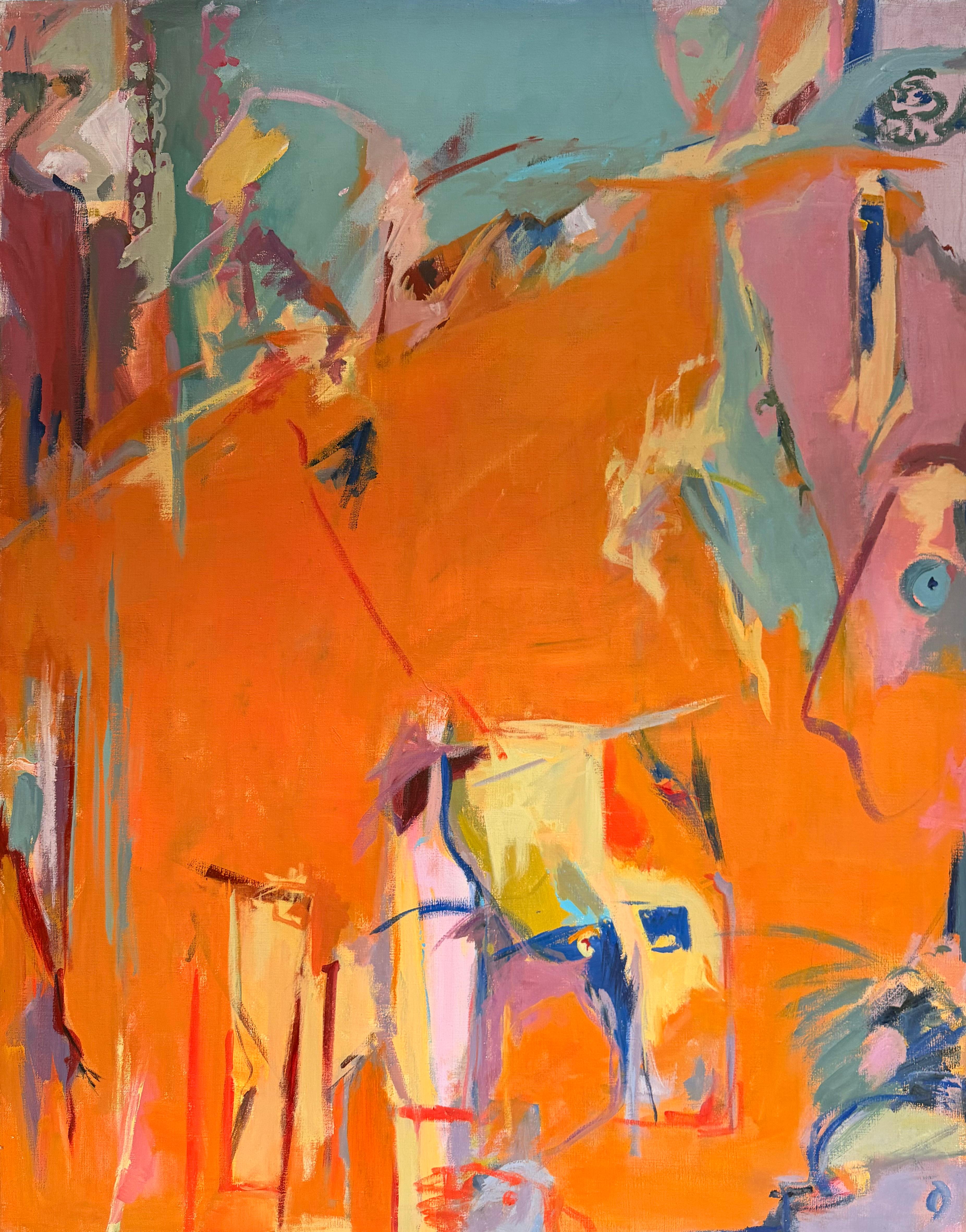 Marie Deloume (French born 1942) Abstract Painting - Large French Abstract Expressionist Oil Painting Bright Orange and Pastel Colour