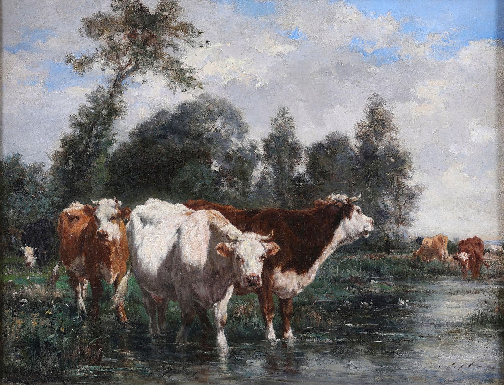 Cattle by a River. Oil on Canvas - Painting by Marie Dieterle