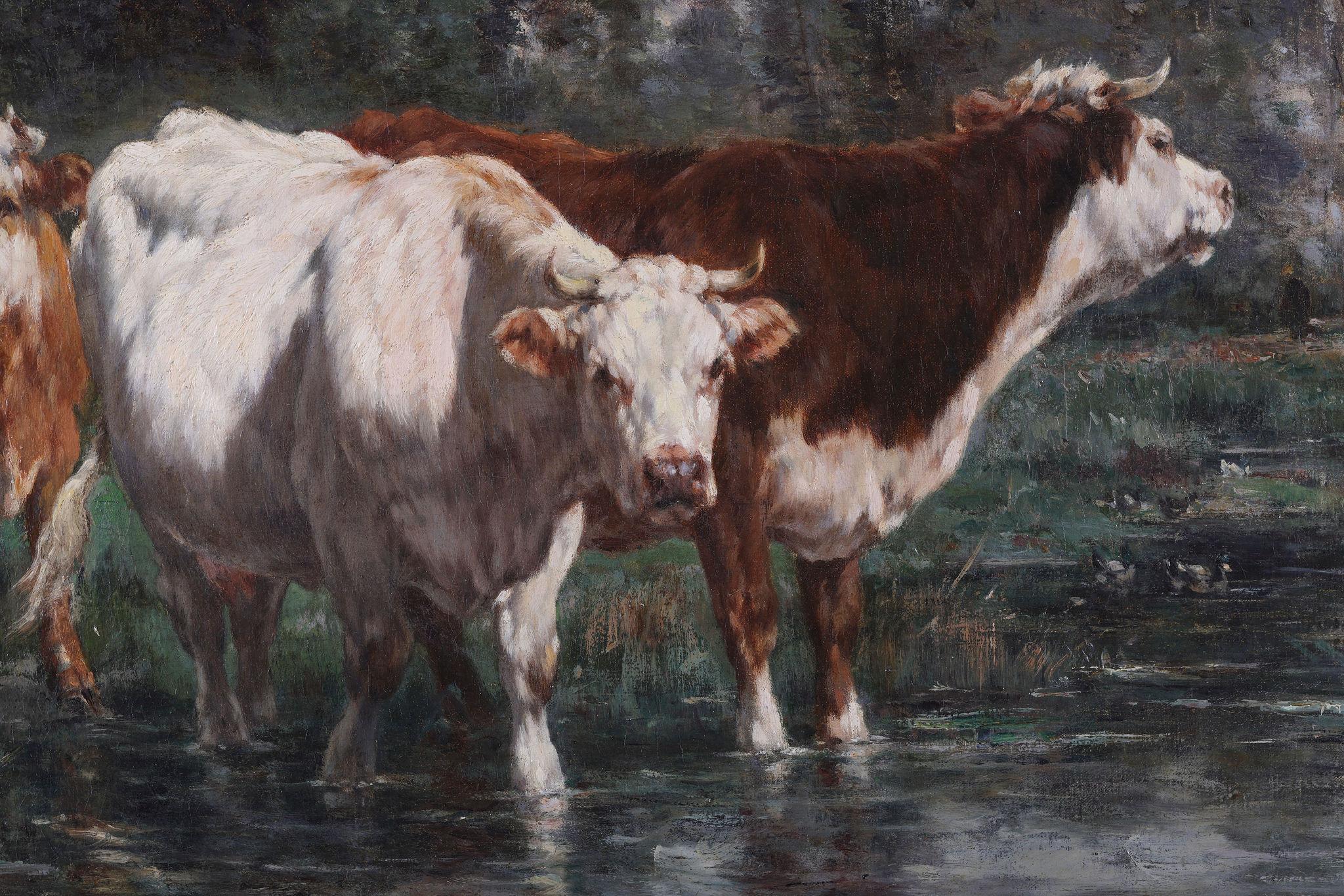 Cattle by a River. Oil on Canvas - Barbizon School Painting by Marie Dieterle