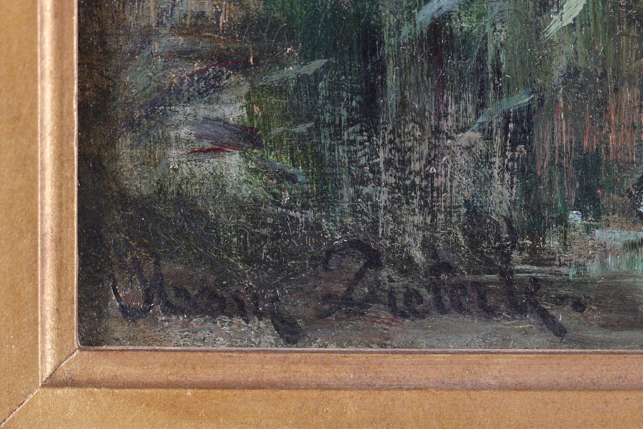 Il bestiame vicino al fiume. Olio su tela - Animal Painting Nero di Marie Dieterle