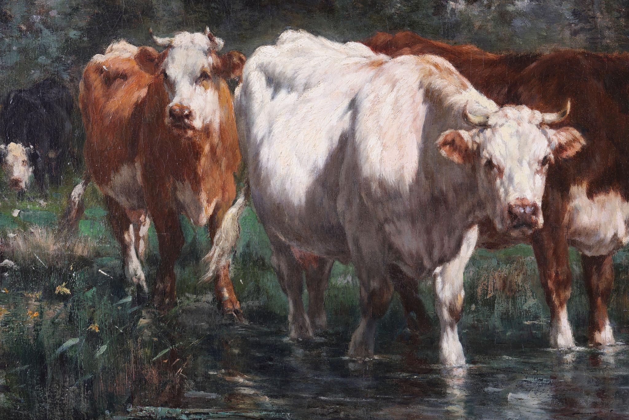 Il bestiame vicino al fiume. Olio su tela in vendita 1