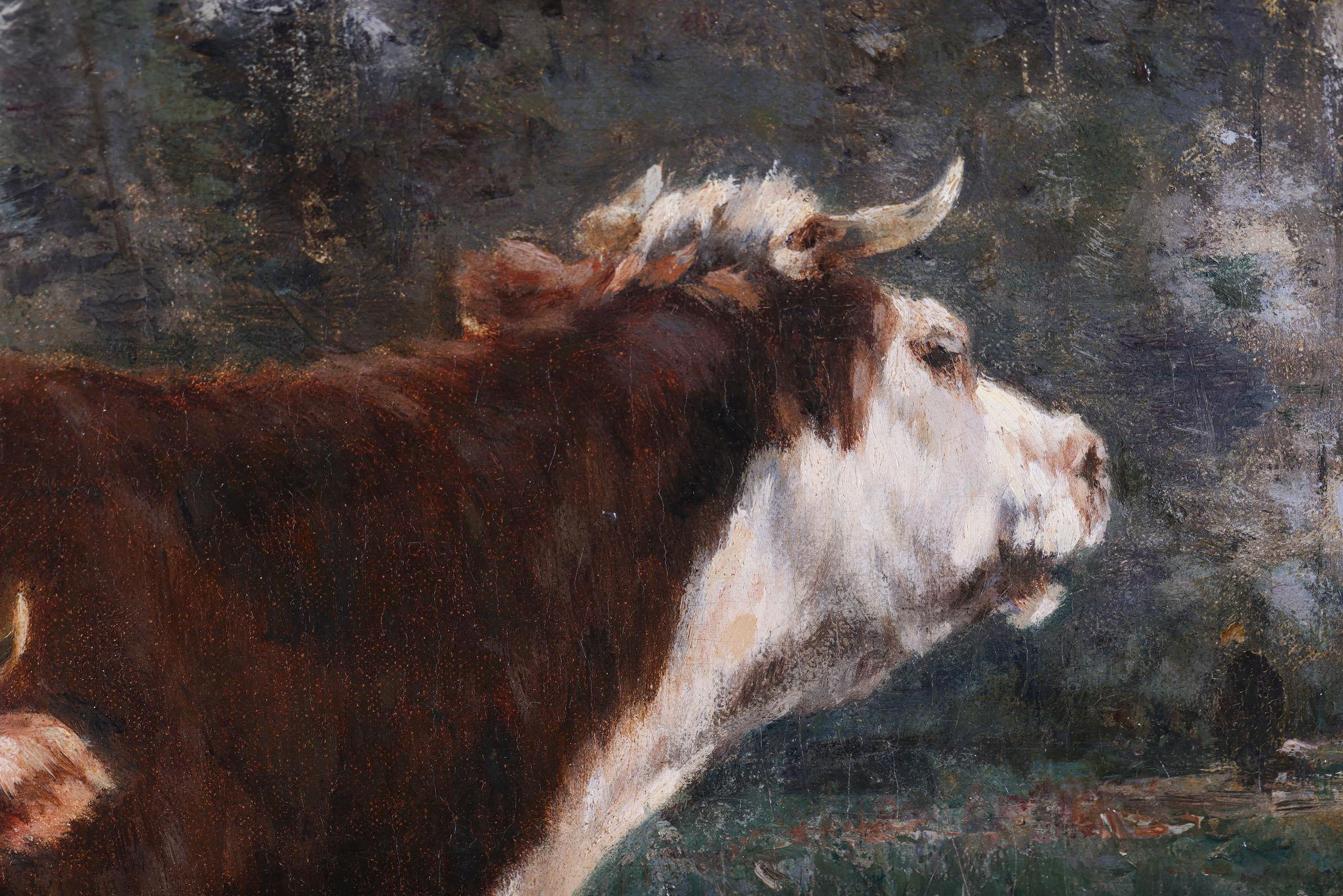 Il bestiame vicino al fiume. Olio su tela in vendita 3