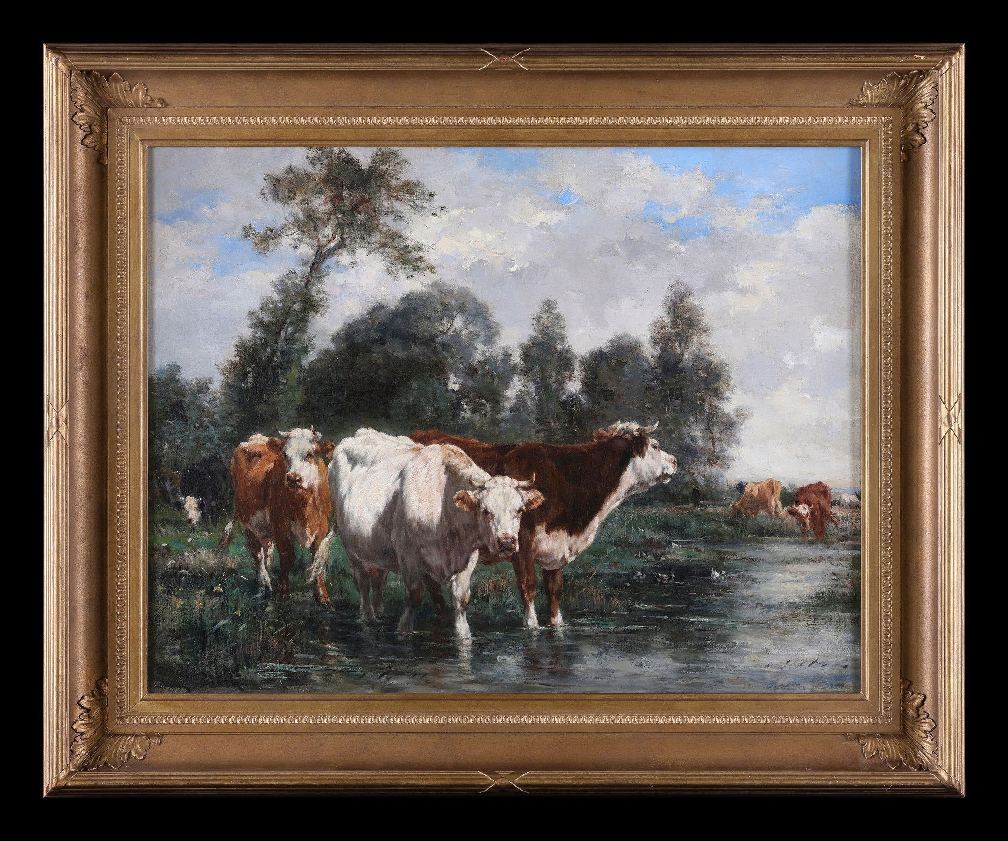 Marie Dieterle Animal Painting - Cattle by a River. Oil on Canvas