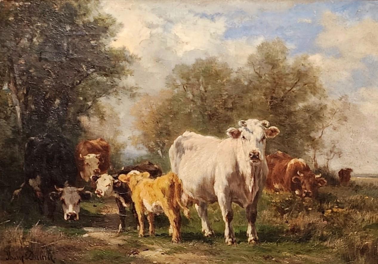 Le bois de la Roque, Cows in a Pasture, Seven Cows, French Women Artists  - Painting by Marie Dieterle
