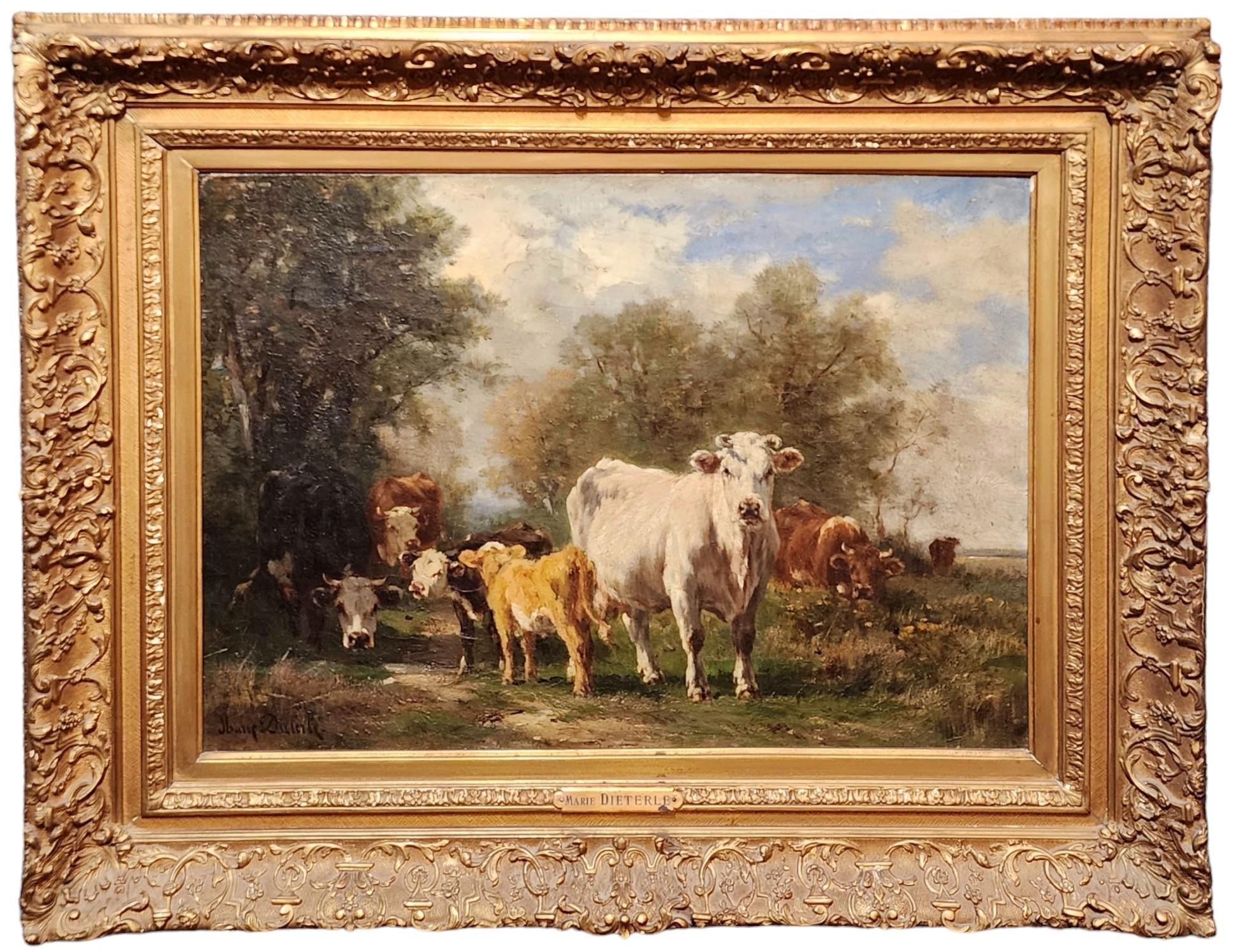 Marie Dieterle Landscape Painting - Le bois de la Roque, Cows in a Pasture, Seven Cows, French Women Artists 