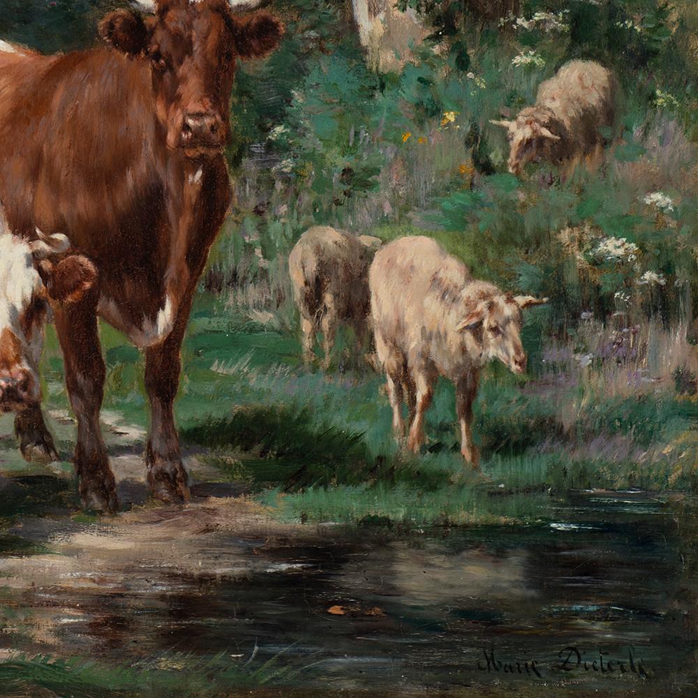 Vaches et les moutons par l'eau - Academic Painting by Marie Dieterle